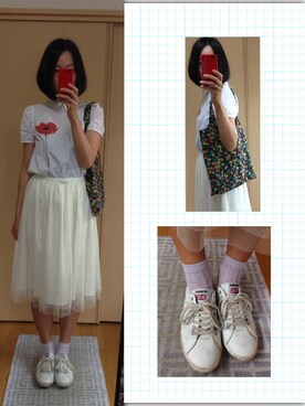 「chambre de charme（シャンブルドゥシャーム）のチュールひざ丈スカート （Skirt、ホワイト系）」を使った、さかなちさん（レディース・167cm）の夏コーディネート