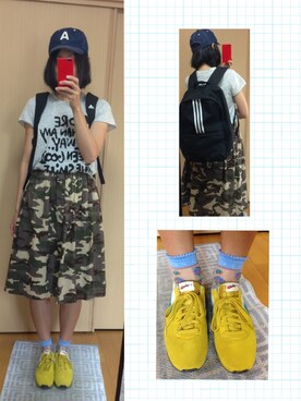 「adidas（アディダス）のリュックサック（Backpack、ブラック系）」を使った、さかなちさん（レディース・167cm）の夏コーディネート