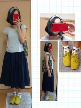 「NIKE（ナイキ）のスニーカー（Sneakers、イエロー系）」を使った、さかなちさん（レディース・167cm）の夏コーディネート