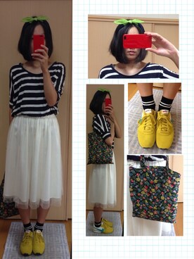 「NIKE（ナイキ）のスニーカー（Sneakers、イエロー系）」を使った、さかなちさん（レディース・167cm）の夏コーディネート