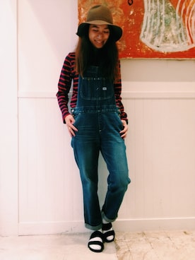 「FREAK'S STORE（フリークスストア）のMOHI/モヒ ハラコフラットサンダル（サンダル、ブルー系）」を使った、つのちゃん／スタッフさん（レディース・154cm）の夏コーディネート