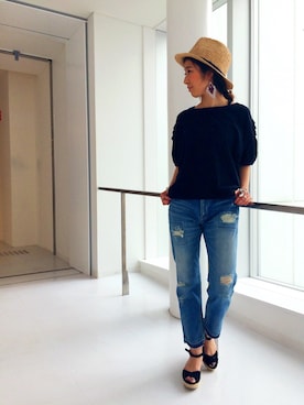 「FREAK'S STORE（フリークスストア）のクラッシュデニムパンツ -MADE IN JAPAN-（デニムパンツ、ブルー系）」を使った、つのちゃん／スタッフさん（レディース・154cm）の春コーディネート