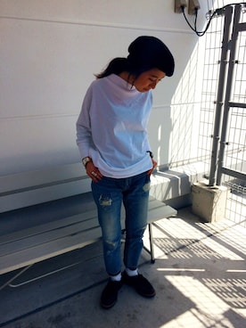 「FREAK'S STORE（フリークスストア）のクラッシュデニムパンツ -MADE IN JAPAN-（デニムパンツ、ブルー系）」を使った、つのちゃん／スタッフさん（レディース・154cm）の春コーディネート