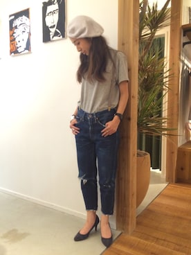 「FREAK'S STORE（フリークスストア）のVelva Sheen/ベルバシーン　CREW POCKET TEE                    （Tシャツ/カットソー、グレー系）」を使った、つのちゃん／スタッフさん（レディース・154cm）の夏コーディネート