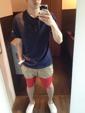 「ADAM ET ROPE'（アダムエロペ）のツイル　2トーン　ショートパンツ（その他パンツ、ベージュ系）」を使った、HIDEさん（メンズ・170cm）の夏コーディネート
