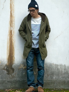 「ミリタリーアウター」｜「アイテム（帽子）」を使った、BACKWARDさん（メンズ・178cm）の冬コーディネート