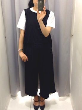 「earth music&ecology（アースミュージックアンドエコロジー）のアイテム（つなぎ/オールインワン、ブラック系）」を使った、あみさん（レディース・152cm）の夏コーディネート