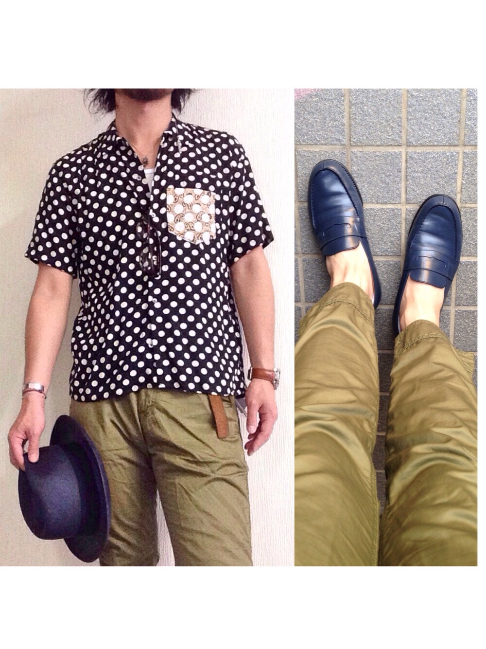 「nonnative、soe shirts、soe、WACKO MARIA 、J.M.WESTON、PANERAI」｜「soe shirtsの半袖ドットシャツ ネイビー（シャツ/ブラウス、ブルー系）」を使った、hatlogyさん（メンズ・182cm）の夏コーディネートの1枚目の写真