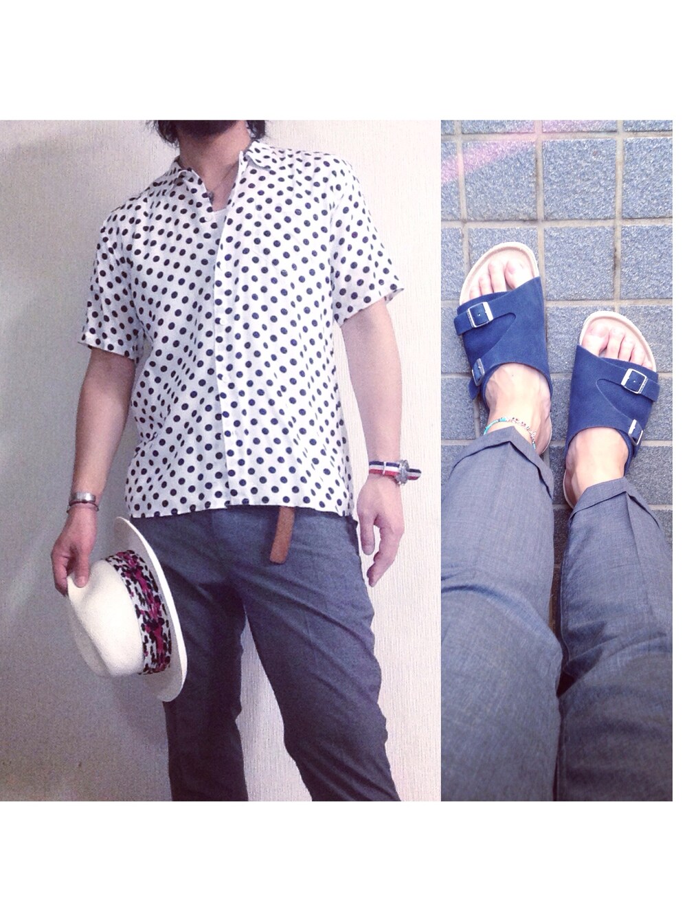 「nonnative、OMEGA、soe shirts、birkenstock、soe、WACKO MARIA 」｜「WACKO MARIAのパナマハット レオパード（ハット、ホワイト系）」を使った、hatlogyさん（メンズ・182cm）の夏コーディネートの1枚目の写真
