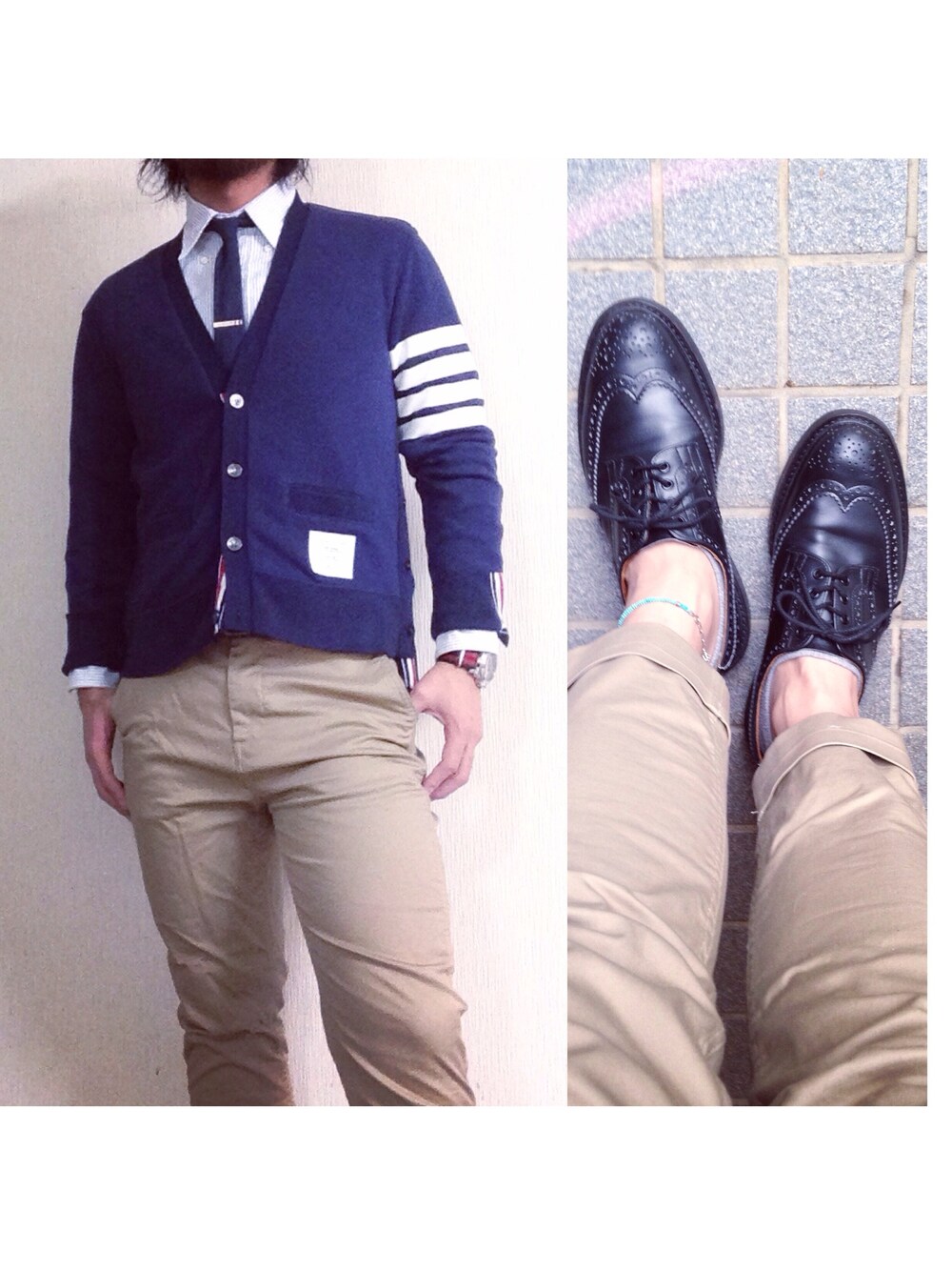 「THOMBROWNE、THOM BRONWE.、THOM BROWNE、BEAMS、tricker's、PANERAI」｜「THOM BROWNEのスウェットカーディガン（カーディガン/ボレロ、ブルー系）」を使った、hatlogyさん（メンズ・182cm）の秋コーディネートの1枚目の写真