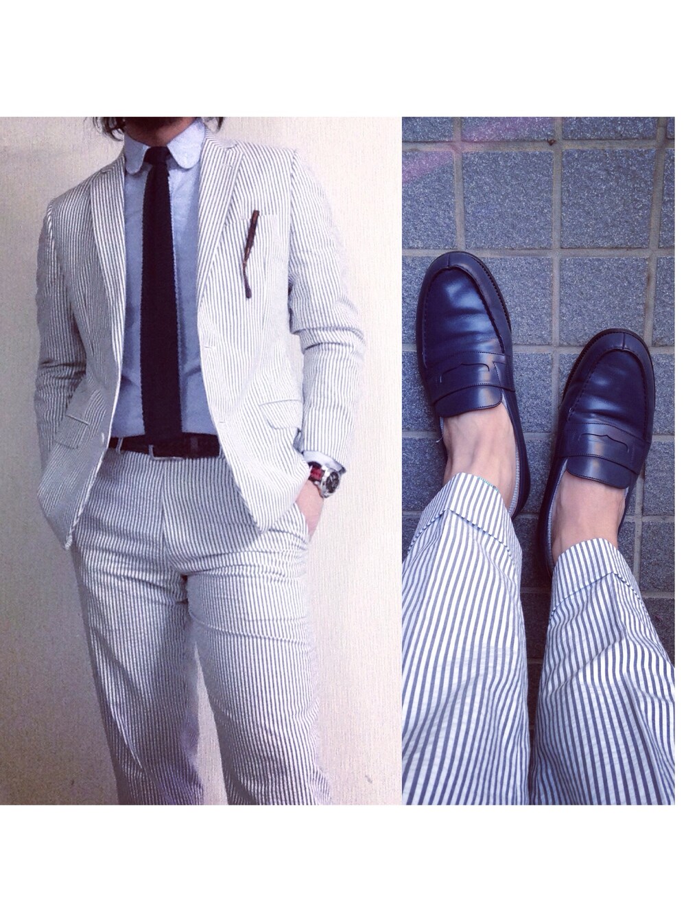 「supreme、BROOKS BROTHERS、THOMBROWNE、THOM BRONWE.、THOM BROWNE、cricket、J.M.WESTON、PANERAI」｜「Supreme のシアサッカーセットアップ（セットアップ、ブルー系）」を使った、hatlogyさん（メンズ・182cm）の秋コーディネートの1枚目の写真