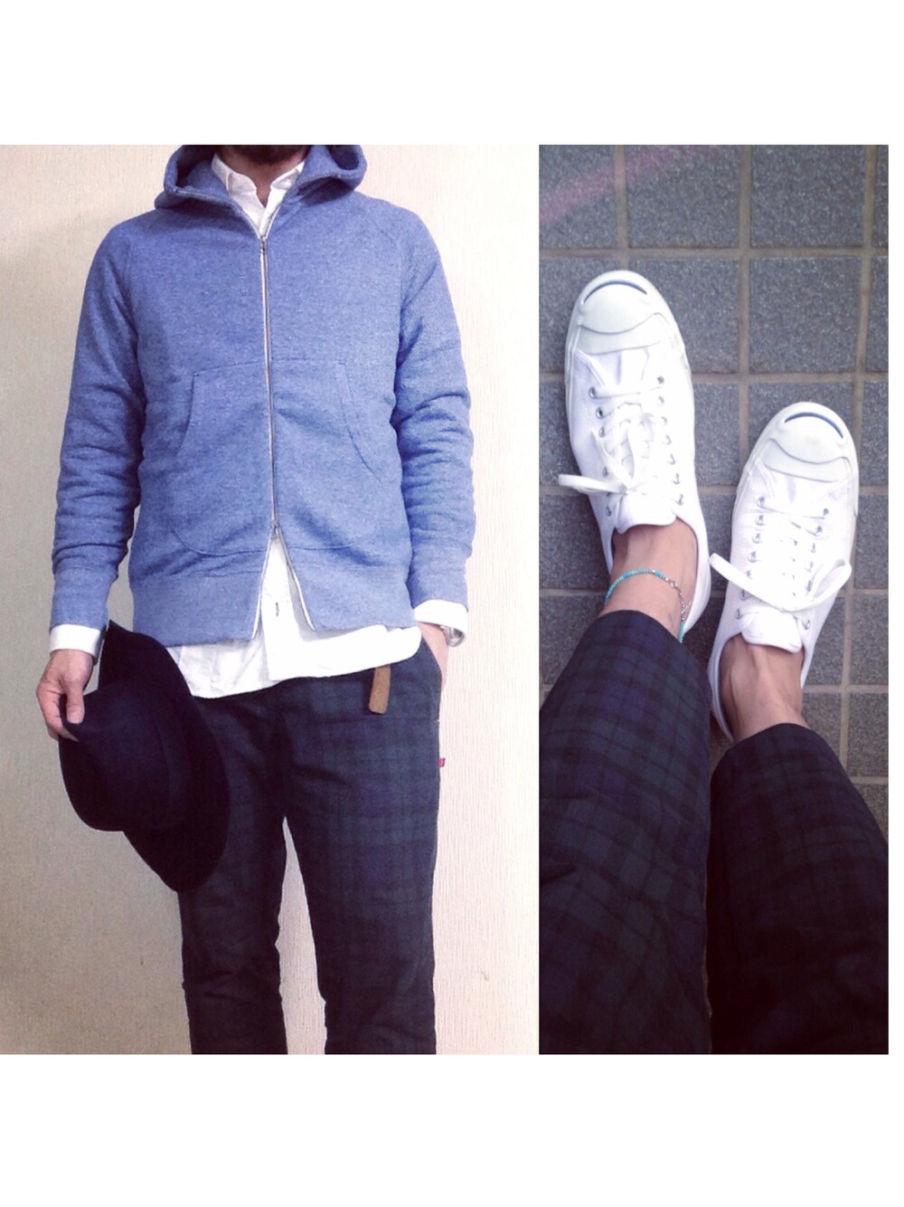 「WACKO MARIA 、curly、Gitman Vintage、BEDWIN、BEDWIN & THE HEARTBREAKERS、converse、PANERAI」｜「WACKO MARIAのネイビーハット（ハット、ブルー系）」を使った、hatlogyさん（メンズ・182cm）の秋コーディネートの1枚目の写真