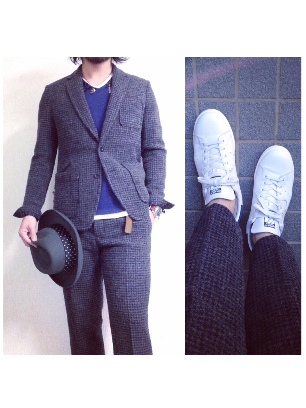 「WACKO MARIA 、sacai、sacai men's、Maison Martin Margiela、Martin Margiela、adidas、PANERAI、ツイードジャケット」｜「WACKO MARIAのグレードットハット（ハット、グレー系）」を使った、hatlogyさん（メンズ・182cm）の秋コーディネートの1枚目の写真