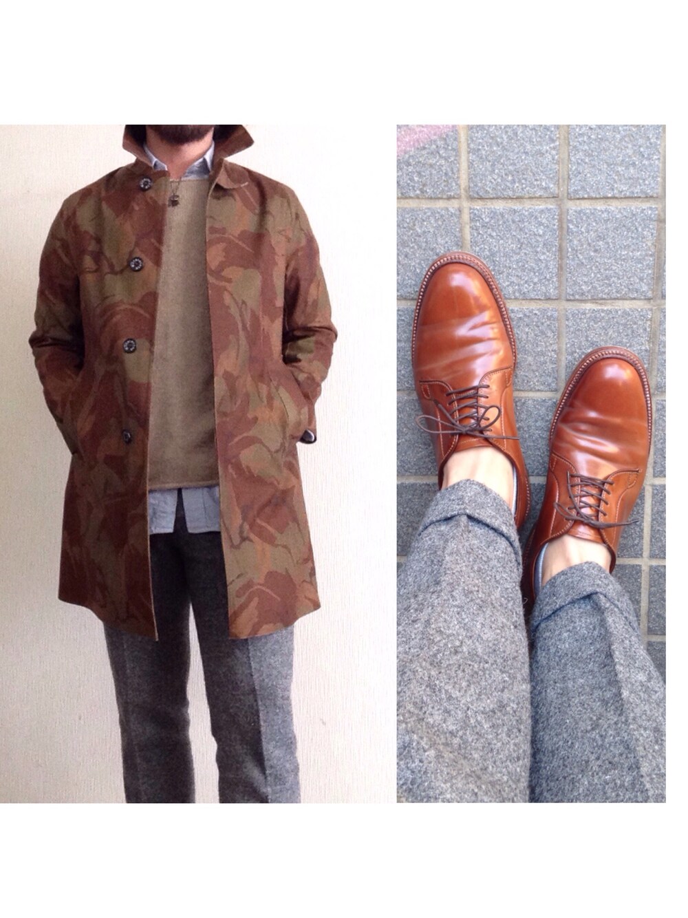 「MACKINTOSH、THOMBROWNE、noreasterly、Harris Tweed、ALDEN」｜「Mackintoshの迷彩マッキントッシュ（ステンカラーコート、その他）」を使った、hatlogyさん（メンズ・182cm）の春コーディネートの1枚目の写真