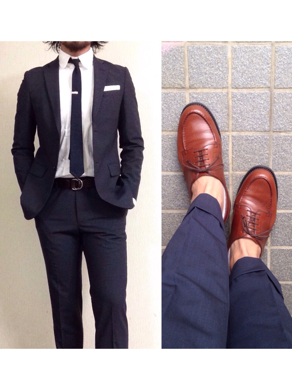「THOMBROWNE、Black Fleece、BROOKS BROTHERS、UNIQLO、plusj、J.M.WESTON、BLACK FLEECE BY Brooks Brothers」｜「plus jのアイテム（スーツジャケット、ブルー系）」を使った、hatlogyさん（メンズ・182cm）の秋コーディネートの1枚目の写真
