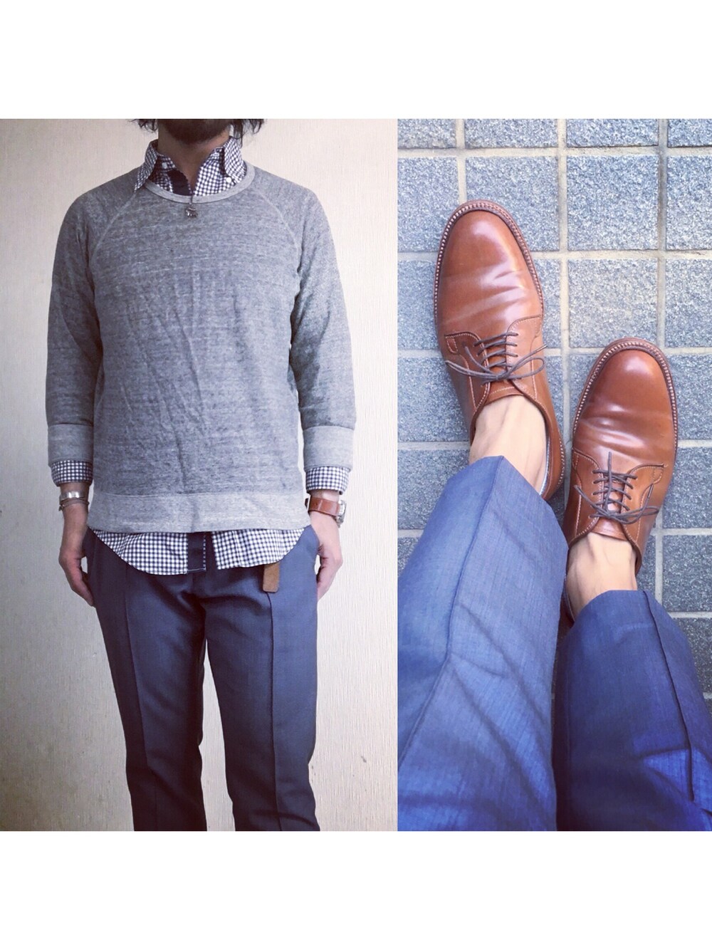 「FLISTFIA、THOMBROWNE、BEDWIN、BEDWIN & THE HEARTBREAKERS、PANERAI、ALDEN」｜「FLISTFIAのアイテム（スウェット、グレー系）」を使った、hatlogyさん（メンズ・182cm）の秋コーディネートの1枚目の写真