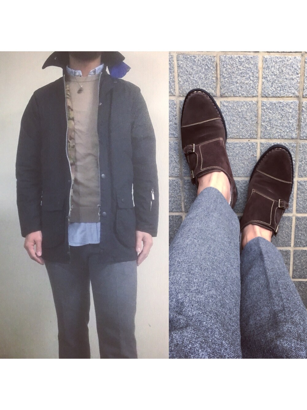 「barbour、SOPHNET.、A.P.C.、THOMBROWNE、journal standard、Paraboot、sacai、sacai men's」｜「THOM BROWNEのアイテム（シャツ/ブラウス、ブルー系）」を使った、hatlogyさん（メンズ・182cm）の冬コーディネートの1枚目の写真