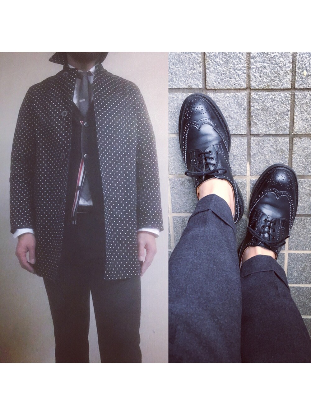 「THOM BROWNEのアイテム（シャツ/ブラウス、ホワイト系）」を使った、hatlogyさん（メンズ・182cm）の冬コーディネートの1枚目の写真