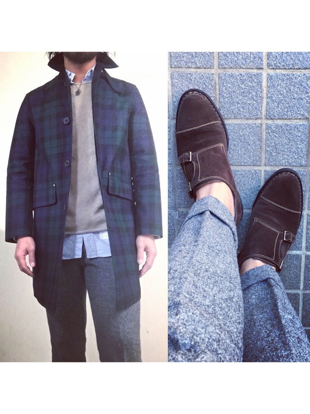 「THOMBROWNE、nor easterly、MACKINTOSH、Harris Tweed、journal standard、Paraboot、sacai、sacai men's」｜「THOM BROWNEのアイテム（シャツ/ブラウス、ブルー系）」を使った、hatlogyさん（メンズ・182cm）の冬コーディネートの1枚目の写真