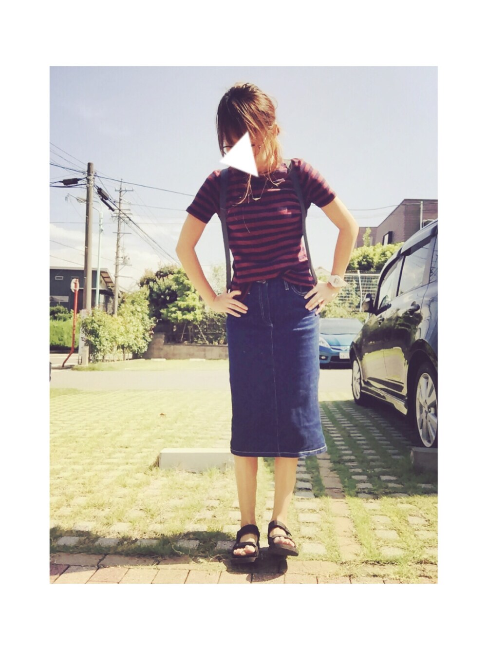 「ボルドー、カジュアル、大人カジュアル、Tシャツ、ボーダー、秋のコーデ、タイトスカート」｜「Another Editionのデニムミドルスカート/AEBC DENIM MDL SK◆（デニムスカート、ブルー系）」を使った、かをさん（レディース・160cm）の秋コーディネートの1枚目の写真