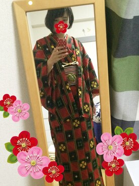 「アイテム（水着/着物・浴衣、レッド系）」を使った、真絵さん（レディース・167cm）の冬コーディネート