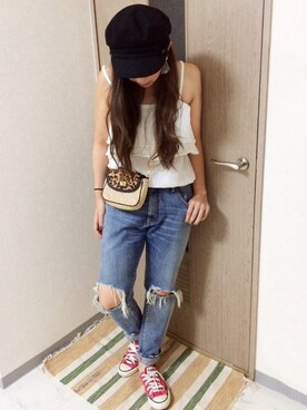 「アイテム（チューブトップ、ホワイト系）」を使った、manachin◡̈*さん（レディース・156cm）の秋コーディネート