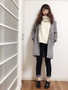 「3can4on（サンカンシオン）のアイテム（チェスターコート）」を使った、Haruka Hiroseさん（レディース・162cm）の冬コーディネート