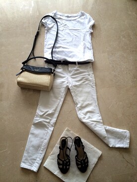 「ZARA（ザラ）のtops...ZARA（Tシャツ/カットソー、ホワイト系）」を使った、k-さん（レディース・157cm）の夏コーディネート