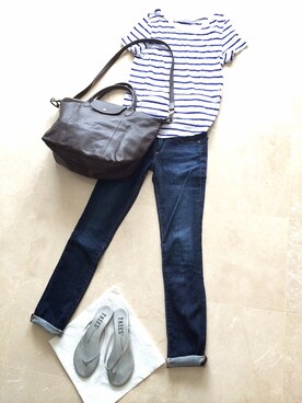 「ZARA（ザラ）のT-shirt...ZARA 
Ssize
ボーダー（Tシャツ/カットソー、ブルー系）」を使った、k-さん（レディース・157cm）の夏コーディネート