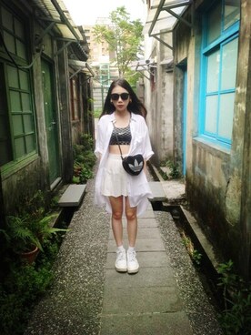 「NIKE（ナイキ）のアイテム（ブラジャー、ブラック系）」を使った、Chelsea Liu さん（レディース・163cm）の夏コーディネート