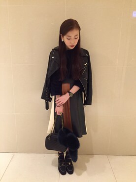 「️Reborn.Cのアイテム（スカート、その他）」を使った、Chelsea Liu さん（レディース・163cm）の冬コーディネート