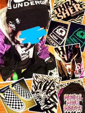 「MAGICAL MOSH MISFITS（マジカルモッシュミスフィッツ）のアイテム（ナイロンジャケット）」を使った、きのこ＠毒x毒x毒さん（メンズ・180cm）の冬コーディネート