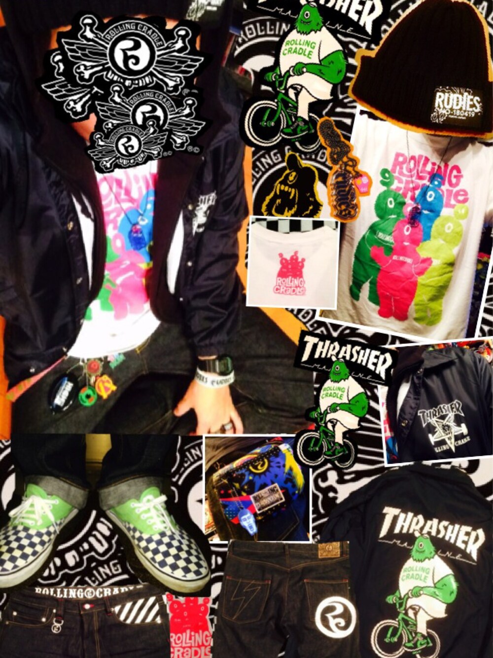 「ロリクレ、テレタビーズ、サイクロプス、コーチジャケット、THRASHER×ROLLING CRADLE、VANS」｜「RUDIE'Sのアイテム（ニットキャップ/ビーニー、ブラック系）」を使った、きのこ＠毒x毒x毒さん（メンズ・180cm）の春コーディネートの1枚目の写真