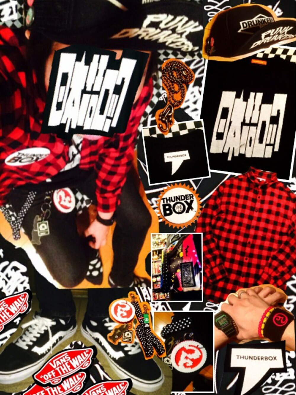 「サンダーボックス、雷箱、日本語ロック、ロリクレ、ユニクロ、赤チェック、ネルシャツ、黒スキニー、VANS、MXMXM×VANS」｜「PUNK DRUNKERSのアイテム（キャップ、ブラック系）」を使った、きのこ＠毒x毒x毒さん（メンズ・180cm）の春コーディネートの1枚目の写真