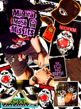 「MAGICAL MOSH MISFITS（マジカルモッシュミスフィッツ）のアイテム（キャップ）」を使った、きのこ＠毒x毒x毒さん（メンズ・180cm）の夏コーディネート