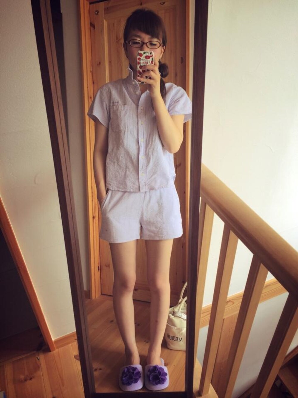 「セットアップ、パープル、MILKFED.、WEARBOOKエントリー」｜「MILKFED.のSTRIPE SUMMER SHIRT　（シャツ/半袖/シアサッカー/ストライプ/セットアップ）（シャツ/ブラウス、パープル系）」を使った、みゆちゅうさん（レディース・164cm）の夏コーディネートの1枚目の写真