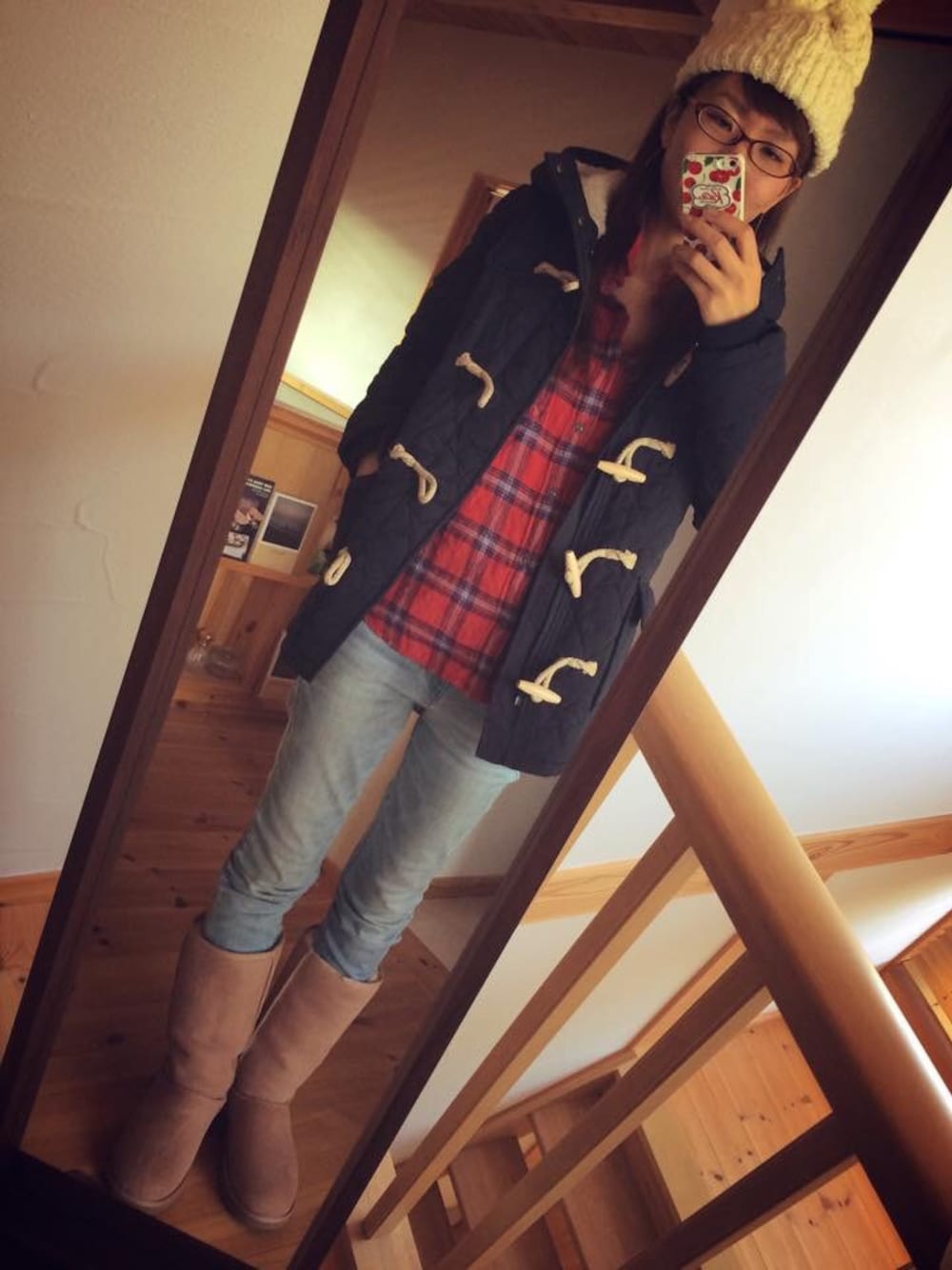 「X-girlのSTAR QUILTING DUFFEL COAT（ダッフルコート、ブルー系）」を使った、みゆちゅうさん（レディース・164cm）の秋コーディネートの1枚目の写真