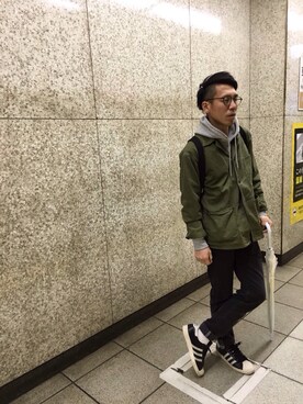 「usedのアイテム（カバーオール、グリーン系）」を使った、ダッシュマンさん（メンズ・171cm）の冬コーディネート