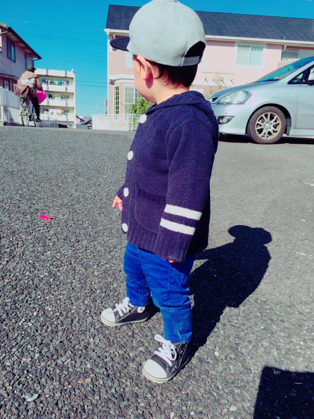 「babycode、キャツプ」｜「西松屋のアイテム（カーディガン/ボレロ、ブルー系）」を使った、yukiさん（レディース・161cm）の冬コーディネートの1枚目の写真