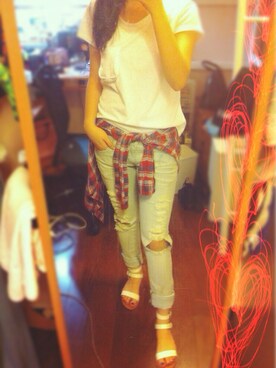 「UNIQLO（ユニクロ）のアイテム（シャツ/ブラウス、レッド系）」を使った、🌴Jenny🐢さん（レディース・158cm）の夏コーディネート