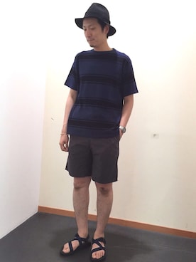 「ADAM ET ROPE'（アダムエロペ）のボタニカルダイボーダーニット（ニット/セーター、ブルー系）」を使った、Shinya Ishikawaさん（メンズ・181cm）の春コーディネート