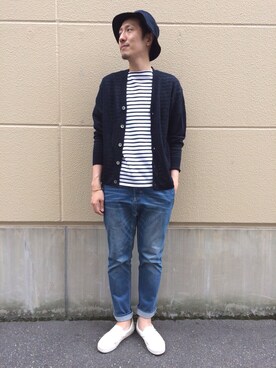 「ADAM ET ROPE'（アダムエロペ）のフレンチリネンカーディガン（ニット/セーター、ブルー系）」を使った、Shinya Ishikawaさん（メンズ・181cm）の春コーディネート