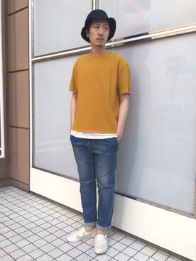 「ADAM ET ROPE'（アダムエロペ）のアイテム（トップス、イエロー系）」を使った、Shinya Ishikawaさん（メンズ・181cm）の春コーディネート
