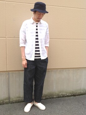 「ADAM ET ROPE'（アダムエロペ）のPANAMAオーバーダイ ハーフスリーブシャツ（シャツ/ブラウス、ホワイト系）」を使った、Shinya Ishikawaさん（メンズ・181cm）の春コーディネート