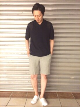 「ADAM ET ROPE'（アダムエロペ）のフレンチリネンVネックハーフスリーブ（ニット/セーター、ブルー系）」を使った、Shinya Ishikawaさん（メンズ・181cm）の春コーディネート