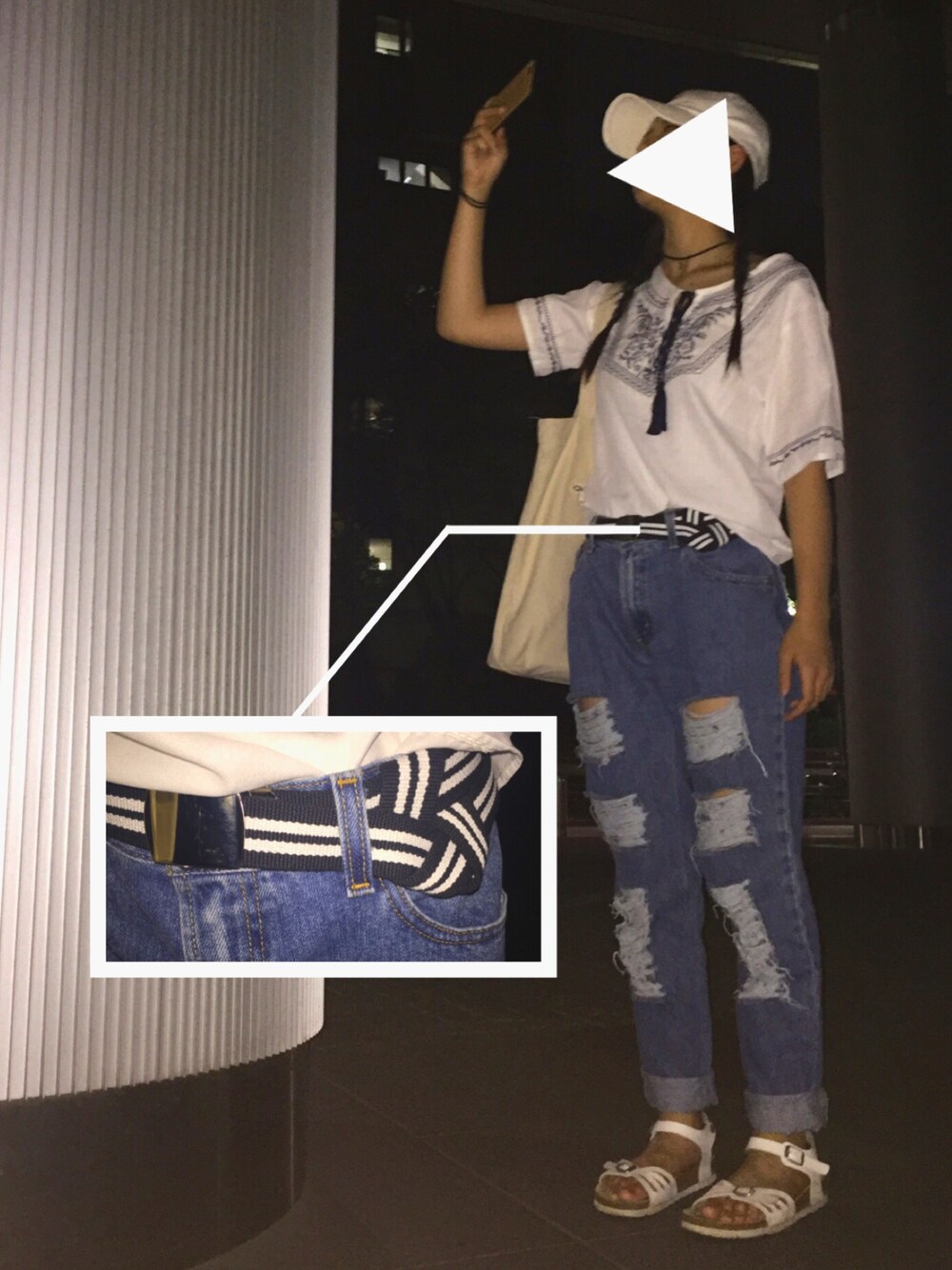 「カジュアル、刺繍トップス、白キャップ、トートバッグ」｜「go slow caravanのスヌーピーベースボールキャップ（キャップ、ホワイト系）」を使った、ゆりちゃんさん（レディース・160cm）の夏コーディネートの1枚目の写真