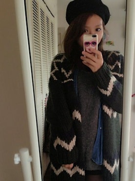 「カウチンセーター」｜「アイテム（ハンチング/ベレー帽）」を使った、♡AMI♡さん（レディース・160cm）の冬コーディネート