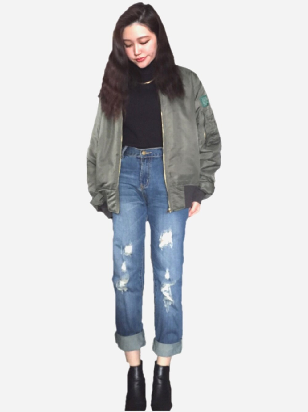 「オトナカジュアル、シンプルコーデ、ootd、H&M、FOREVER 21、タートルネック、デニム」｜「古着のアイテム（ブルゾン、グリーン系）」を使った、Yuriさん（レディース・153cm）の春コーディネートの1枚目の写真