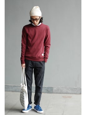 「H&M（エイチ・アンド・エム）のアイテム（バッグ、ホワイト系）」を使った、陈百万さん（メンズ・175cm）の秋コーディネート