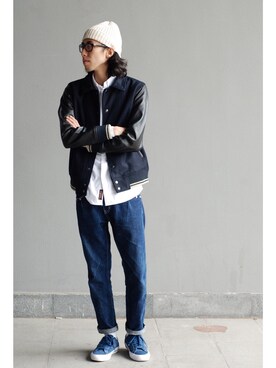 「daily look」｜「アイテム（ノーカラージャケット）」を使った、陈百万さん（メンズ・175cm）の秋コーディネート